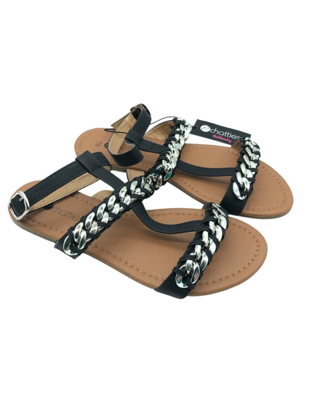 Chatties Womens Sandals Ankle Strap Chain Detail Faux Leather Black Size 7/8